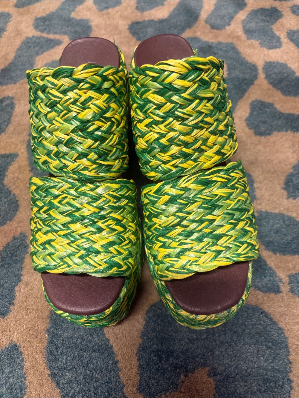 FARM Rio Green & Yellow Braided Platform Slide Sandals
